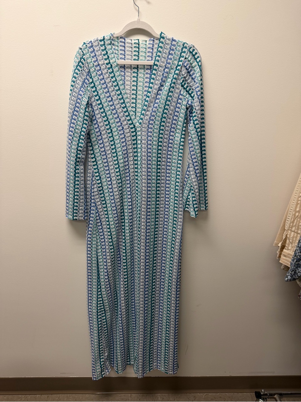 Long V-Neck Knit Maxi Cover Up Dress in Blue & Green